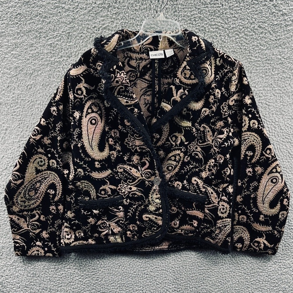 Chicos Womens Paisley Tapestry Jacket XL Boho Artsy Ornate Open Front Statement